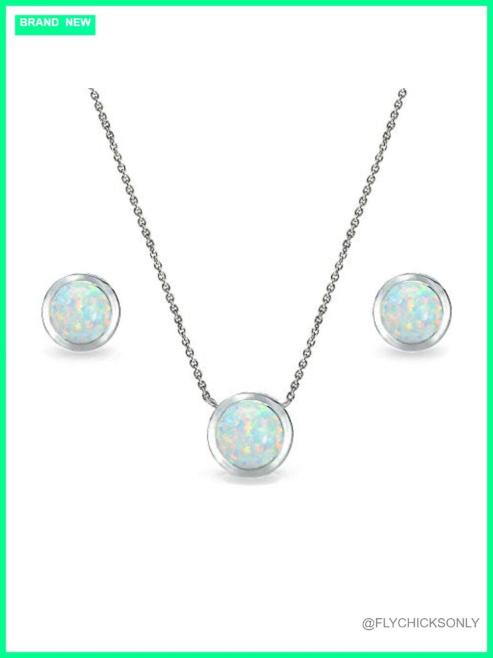Sterling Silver Created Opal Bezel 7mm Round Necklace Stud Earrings Set 16in
